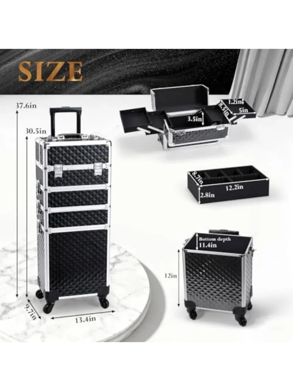 Large Rolling Makeup Case on Wheels - 4-in-1 Cosmetic Organizer & Travel Cart